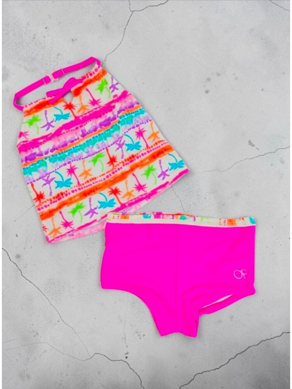 Toddler Girls 2-Piece Tankini Swimsuit Set Tropical Print & Neon Pink Bottoms Si